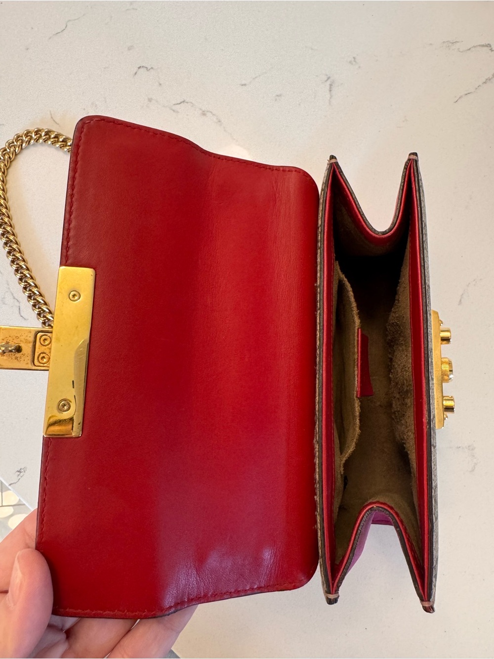 Gucci Red + Pink Leather & Monogram GG Canvas Crossbody with Gold Chain - Picture 7 of 12